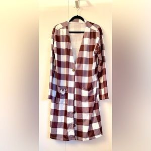 Brown plaid cardigan.